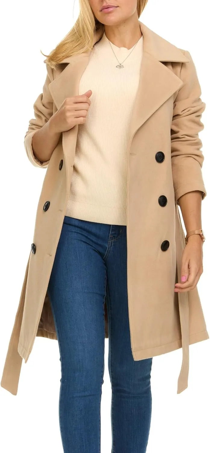 Steve Madden Trench Coat for Women  Double-Breasted Long Winter Faux Wool Coat