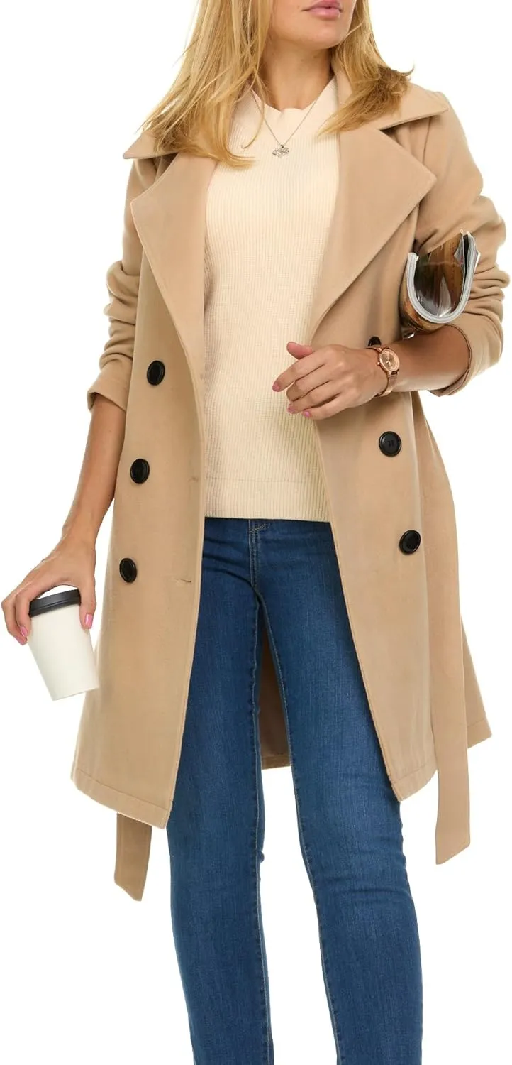 Steve Madden Trench Coat for Women  Double-Breasted Long Winter Faux Wool Coat