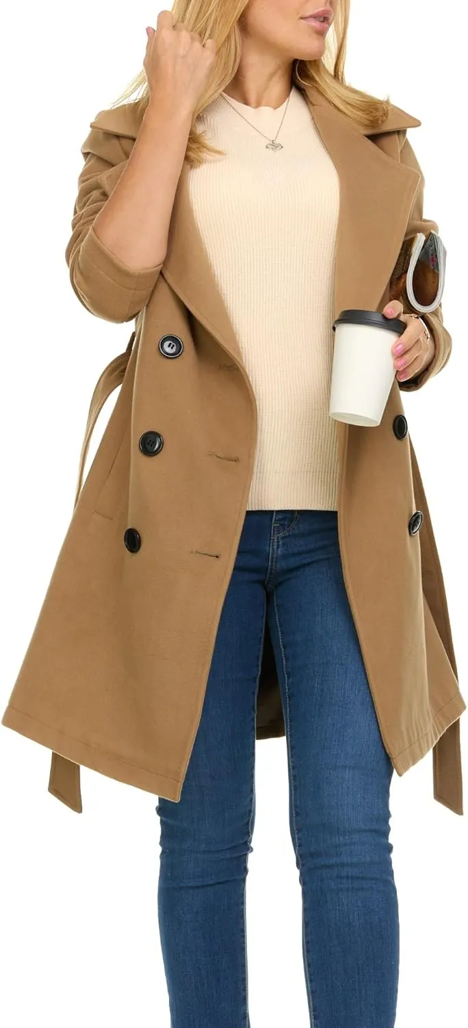 Steve Madden Trench Coat for Women  Double-Breasted Long Winter Faux Wool Coat