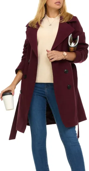 Steve Madden Trench Coat for Women  Double-Breasted Long Winter Faux Wool Coat