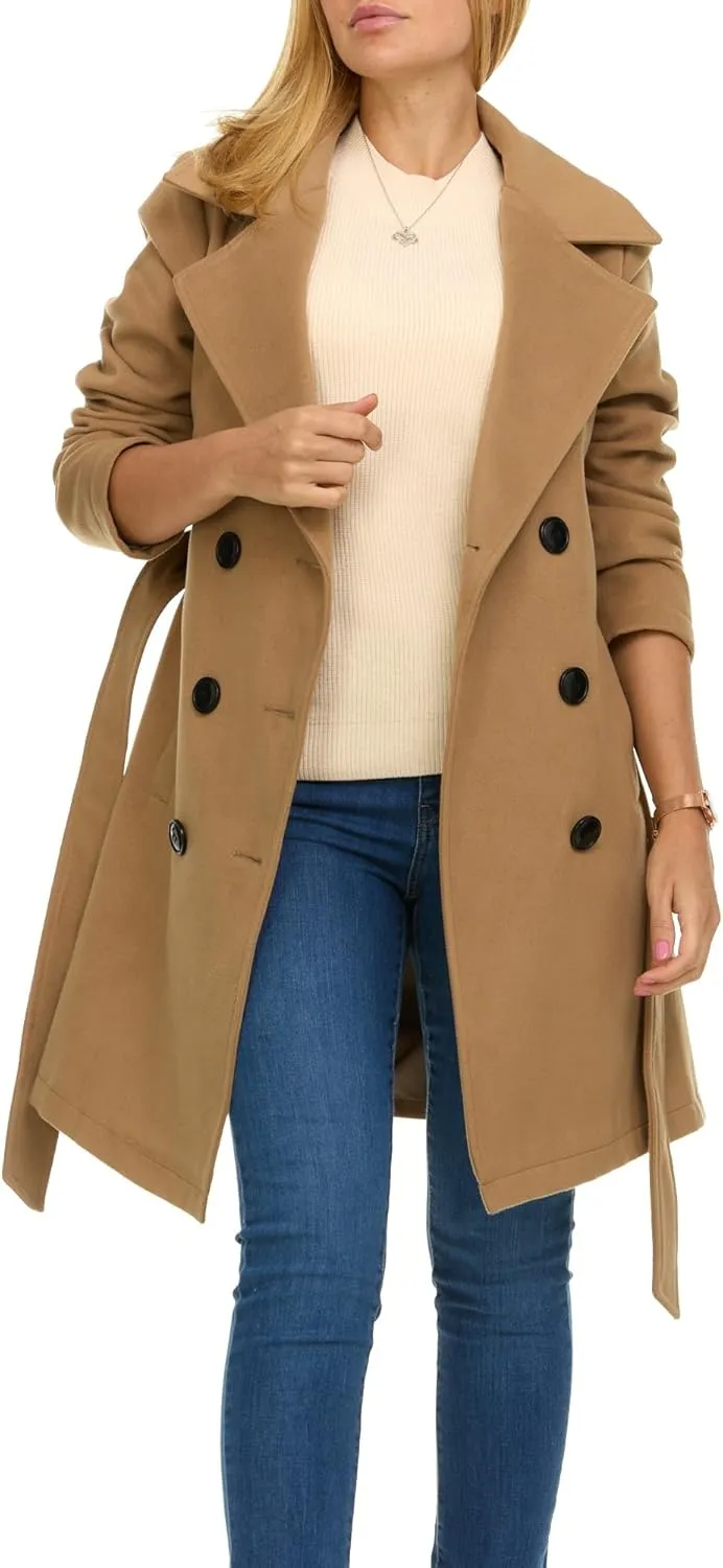 Steve Madden Trench Coat for Women  Double-Breasted Long Winter Faux Wool Coat