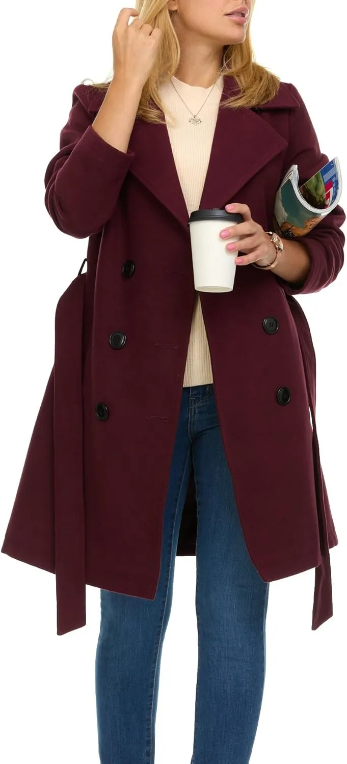 Steve Madden Trench Coat for Women  Double-Breasted Long Winter Faux Wool Coat