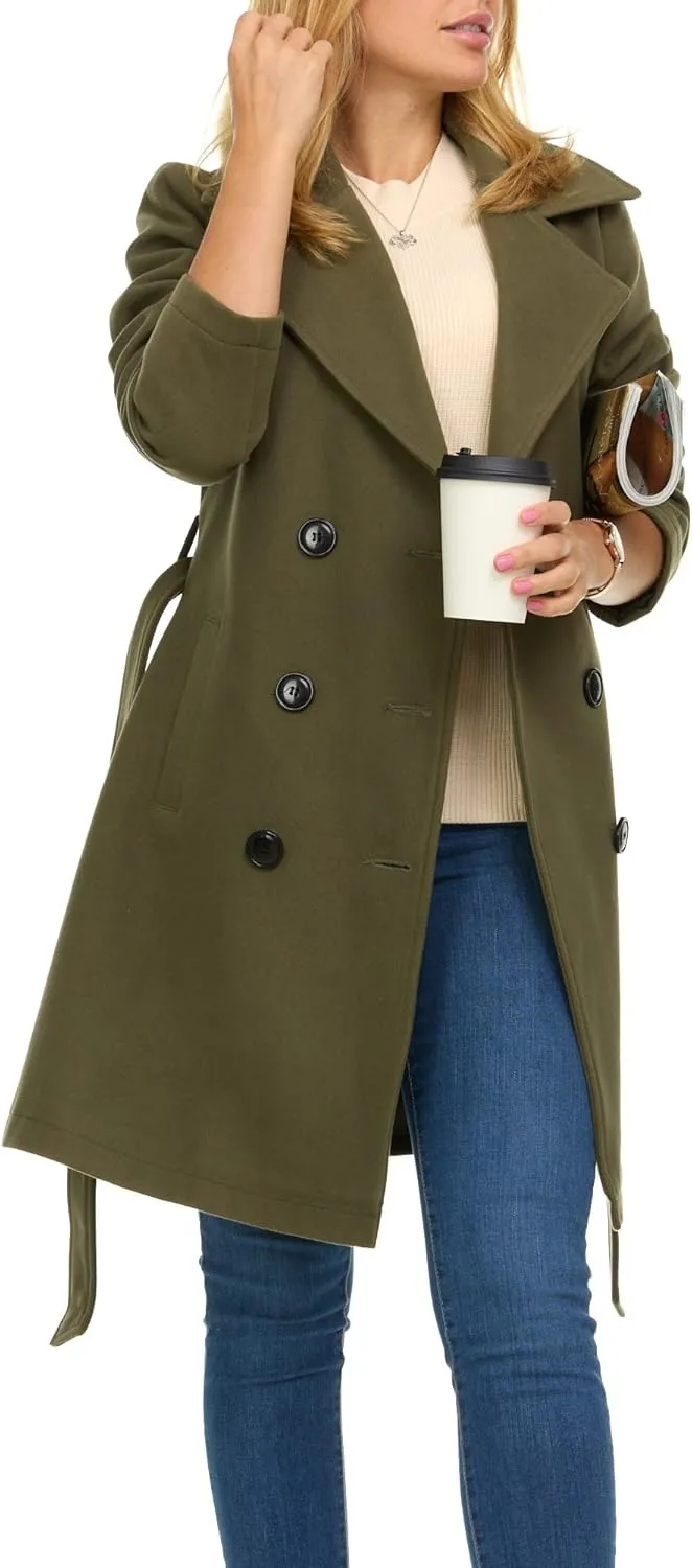 Steve Madden Trench Coat for Women  Double-Breasted Long Winter Faux Wool Coat
