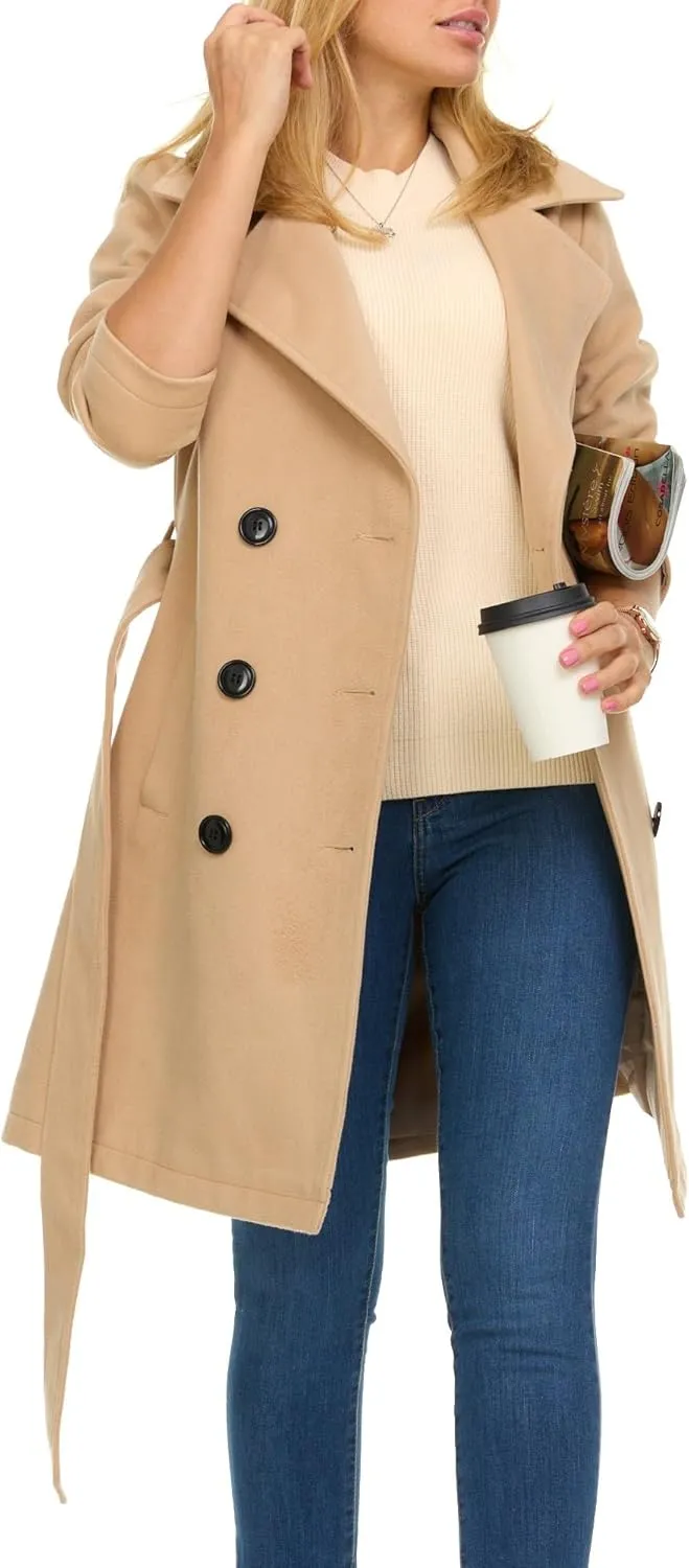 Steve Madden Trench Coat for Women  Double-Breasted Long Winter Faux Wool Coat