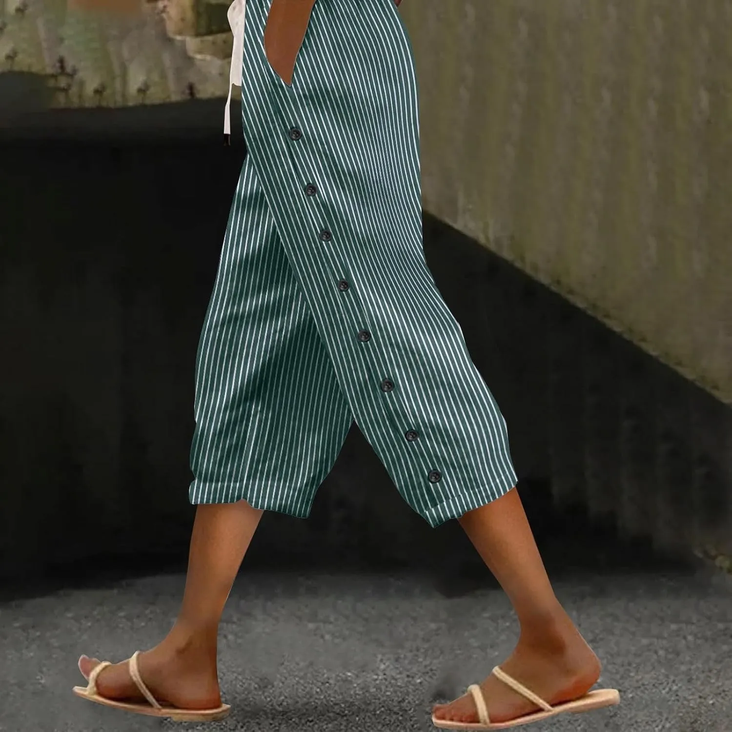 Striped Linen Pants Women Casual Capri Pants Loose Spring Summer Lightweight Drawstring Side Button Pants with Pockets