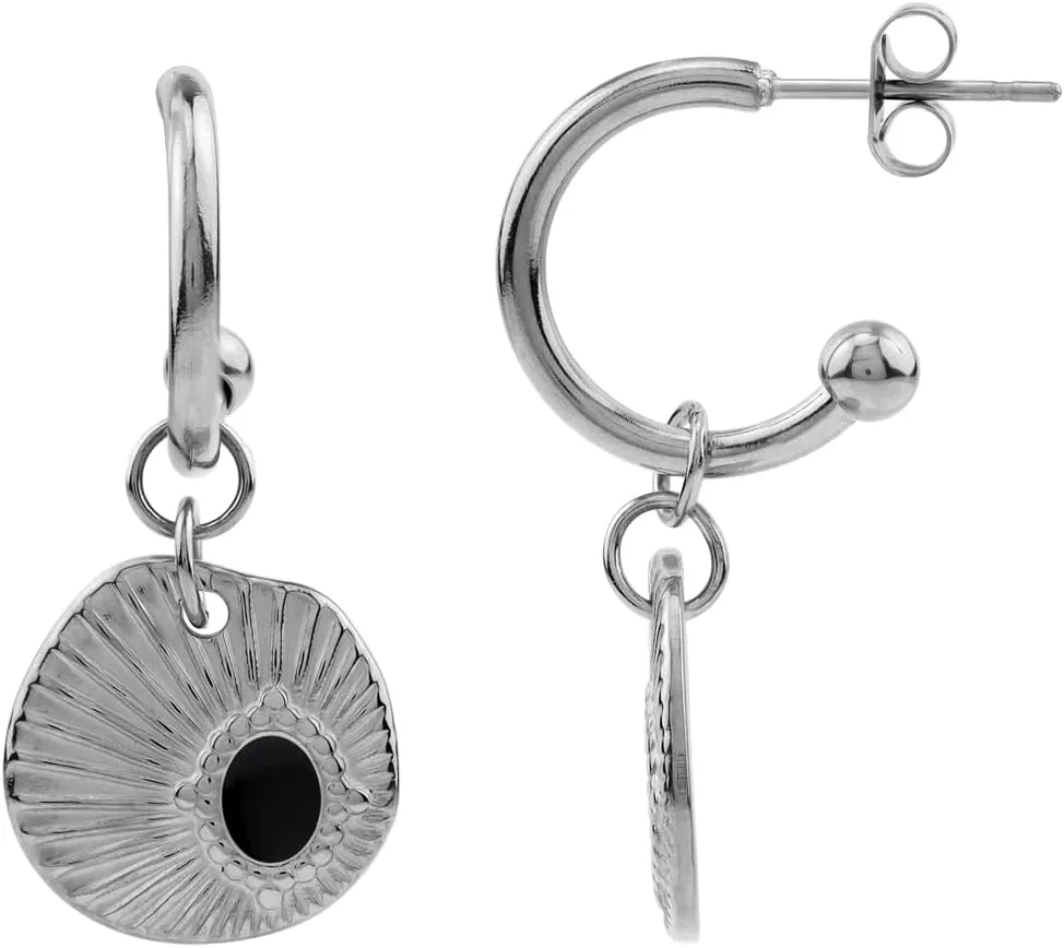 SueBue Shell Texture/Pattern Summer Wear Fashion Dangle C Hoop Stud Earrings in Black Enamel Stainless Steel Jewelry for Women by Silvershake
