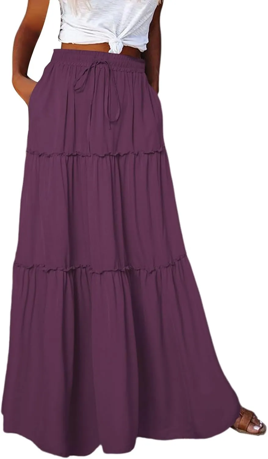 Summer Boho Floral Mixi Skirts for Women Girls A-Line Long Pleated Waist Flowy Swing Tiered Long Skirt with Pockets