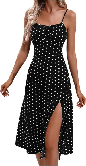 Summer Dresses for Women 2025 Elegant Sleeveless Polka Dot Print Sundresses Fashion Loose Fit Split Beach Dress