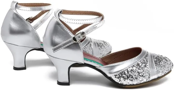 SWDZM Women's Ballroom Dance Shoes Closed Toe Sequins Latin Salsa Tango Party Practice Performance Dance Shoes,