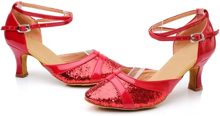 SWDZM Women's Ballroom Dance Shoes Closed Toe Sequins Latin Salsa Tango Party Practice Performance Dance Shoes,