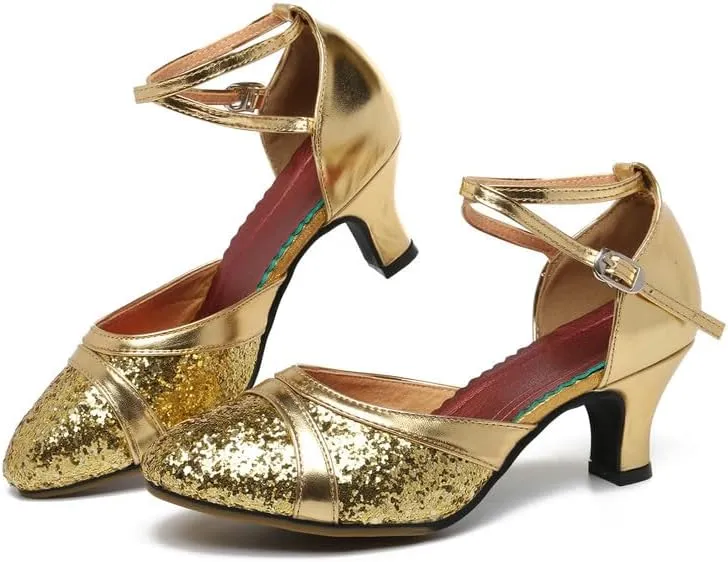 SWDZM Women's Ballroom Dance Shoes Closed Toe Sequins Latin Salsa Tango Party Practice Performance Dance Shoes,