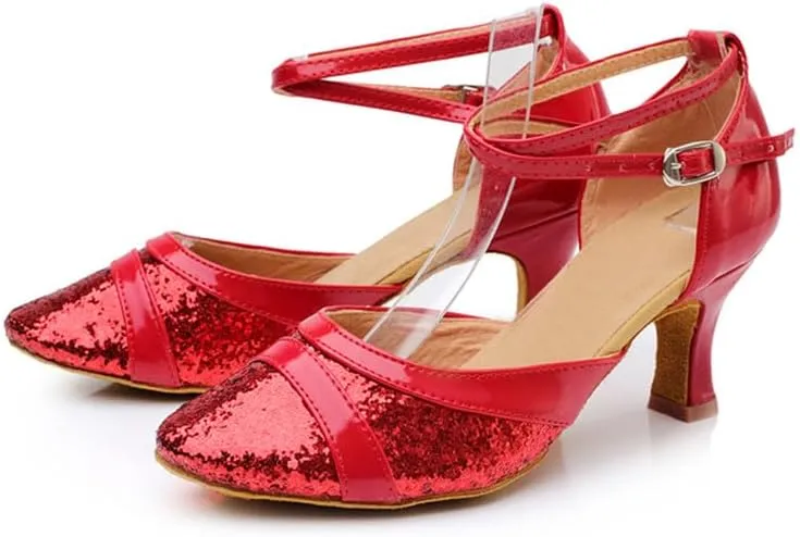 SWDZM Women's Ballroom Dance Shoes Closed Toe Sequins Latin Salsa Tango Party Practice Performance Dance Shoes,