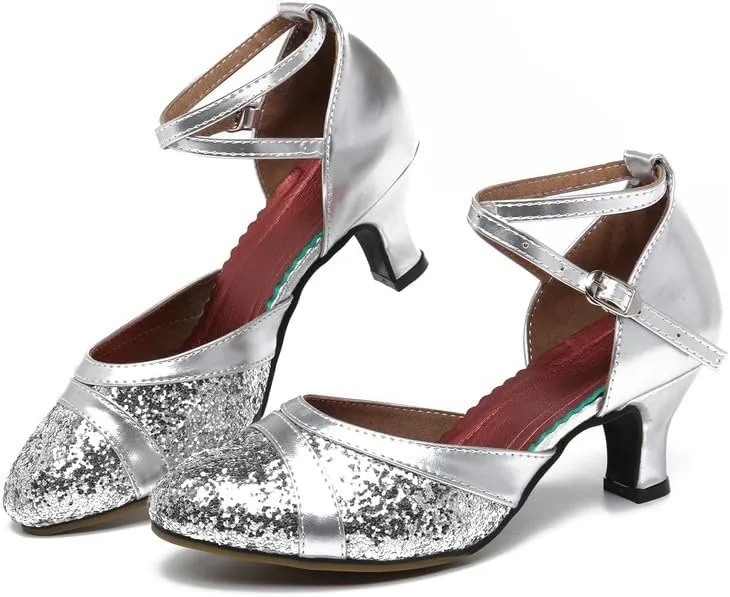 SWDZM Women's Ballroom Dance Shoes Closed Toe Sequins Latin Salsa Tango Party Practice Performance Dance Shoes,