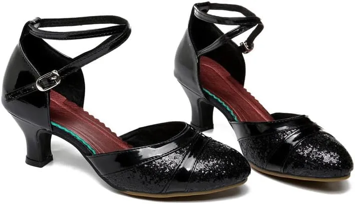 SWDZM Women's Ballroom Dance Shoes Closed Toe Sequins Latin Salsa Tango Party Practice Performance Dance Shoes,