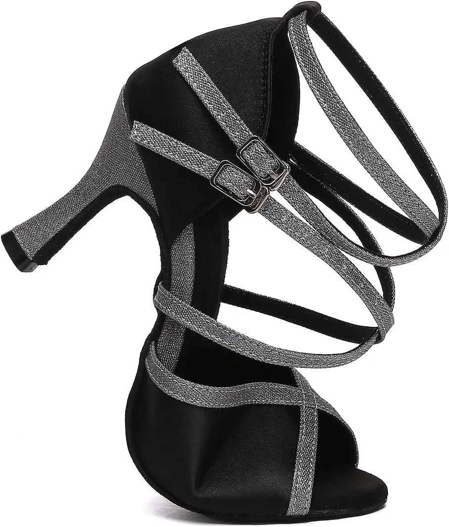 SWDZM Womens Latin Dance Shoes Satin Professional Ballroom Salsa Performance Sparkly Dancing Shoes