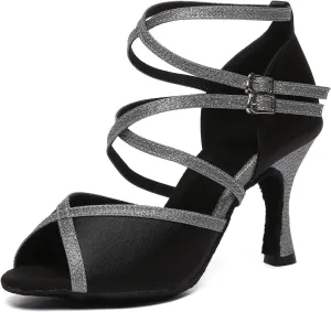 SWDZM Womens Latin Dance Shoes Satin Professional Ballroom Salsa Performance Sparkly Dancing Shoes