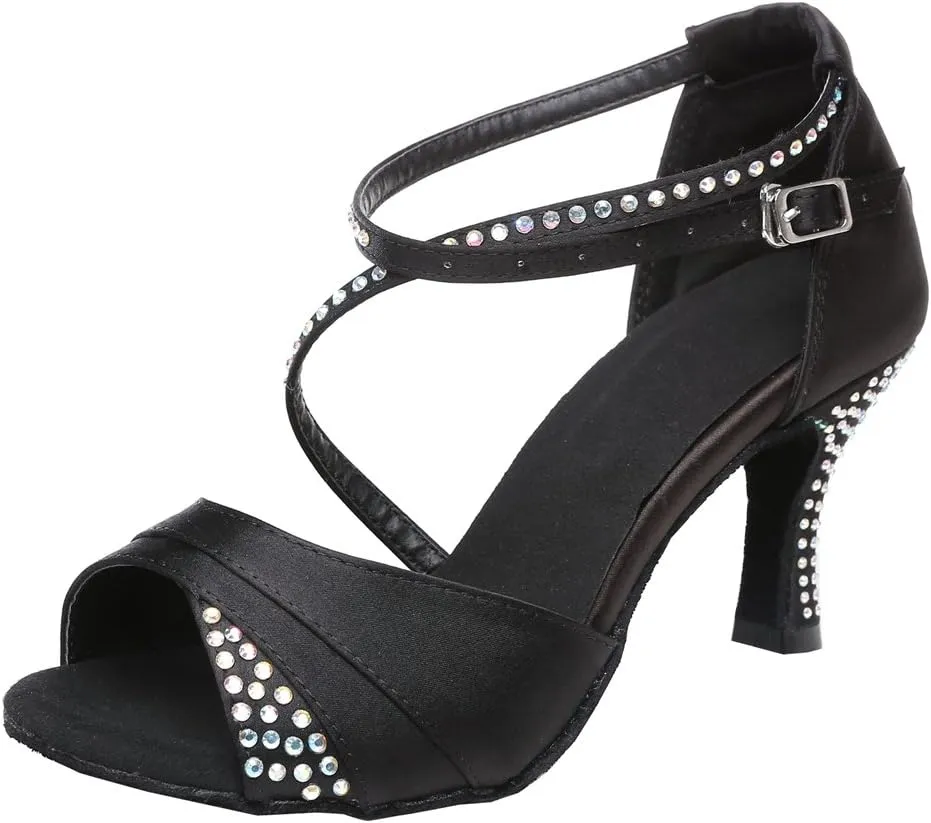 TDA Women's High Heel Crystals Satin Salsa Tango Ballroom Latin Modern Dance Shoes
