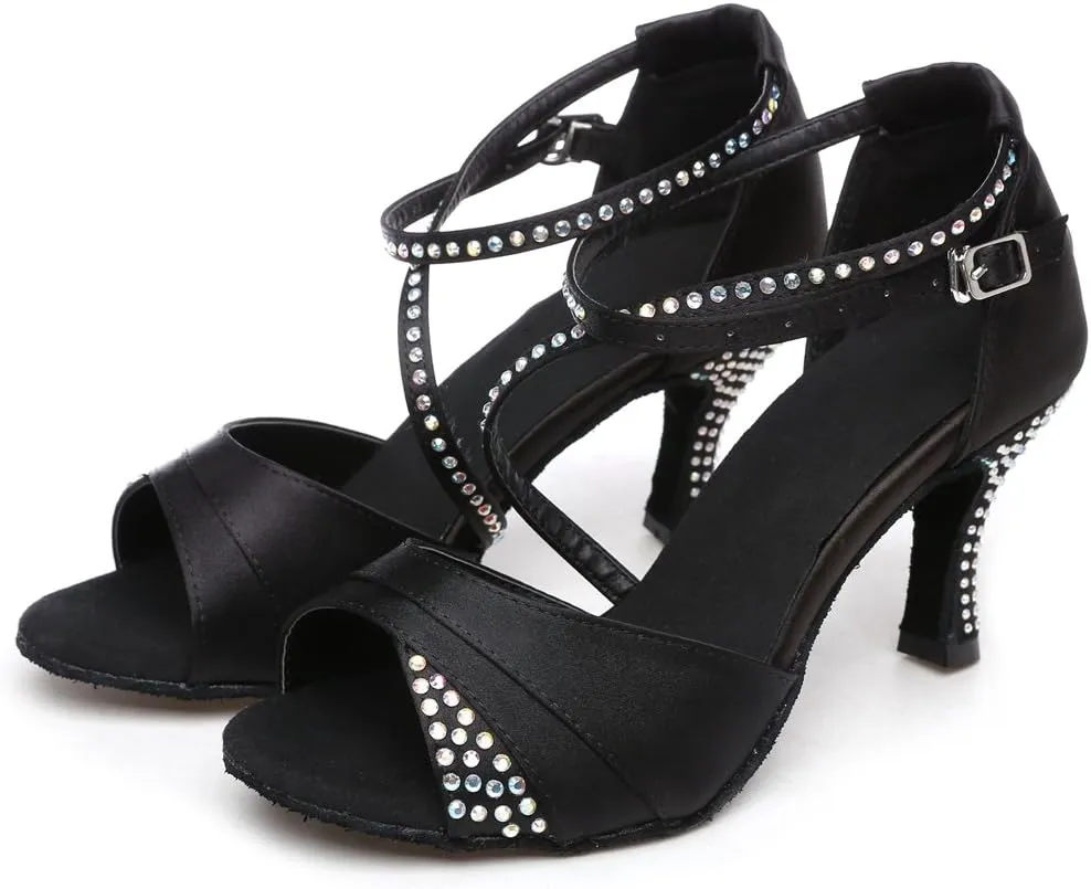 TDA Women's High Heel Crystals Satin Salsa Tango Ballroom Latin Modern Dance Shoes