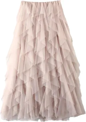 Tulle Long Maxi Skirt Women Fashion High Waist Pleated Skirt High Street Pleated A-Line Swing Midi Skirt