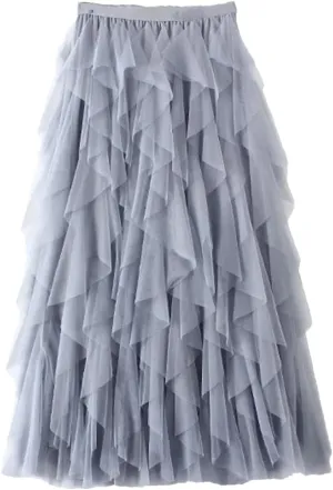 Tulle Long Maxi Skirt Women Fashion High Waist Pleated Skirt High Street Pleated A-Line Swing Midi Skirt