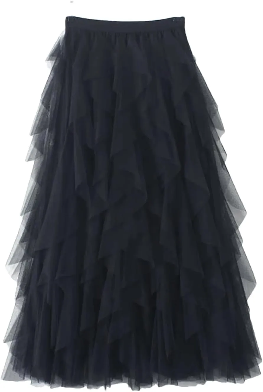 Tulle Long Maxi Skirt Women Fashion High Waist Pleated Skirt High Street Pleated A-Line Swing Midi Skirt