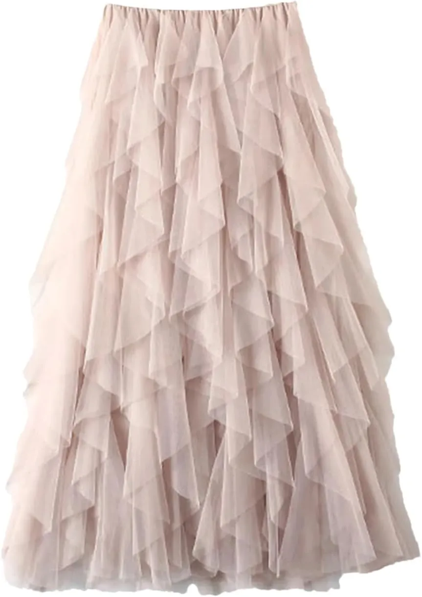 Tulle Long Maxi Skirt Women Fashion High Waist Pleated Skirt High Street Pleated A-Line Swing Midi Skirt