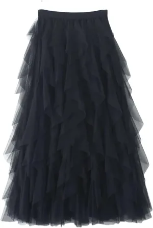 Tulle Long Maxi Skirt Women Fashion High Waist Pleated Skirt High Street Pleated A-Line Swing Midi Skirt