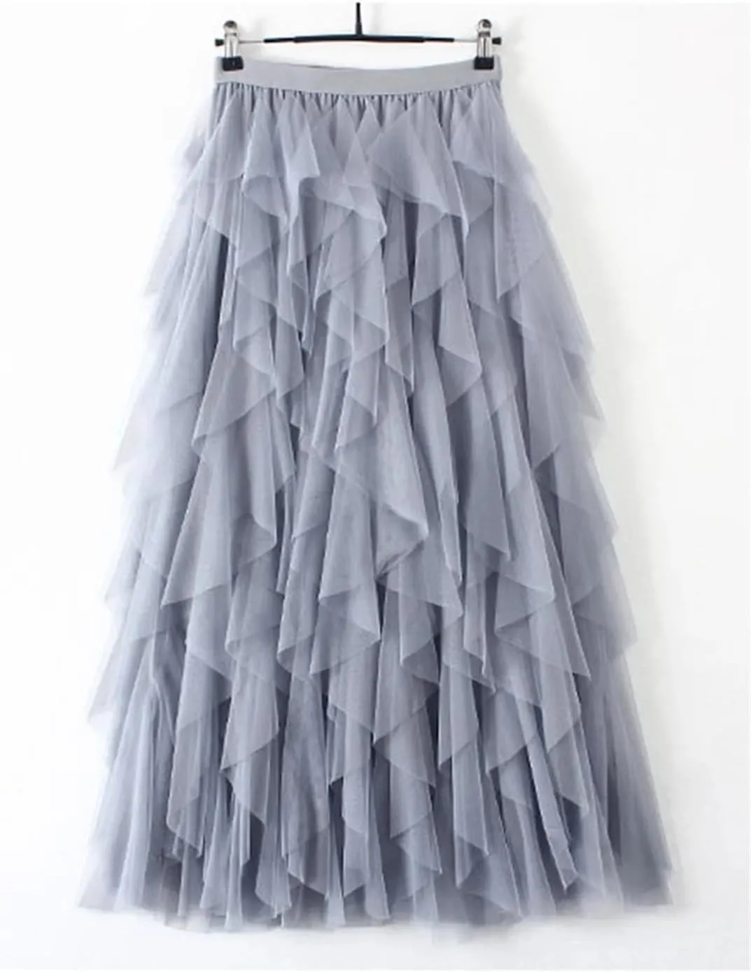 Tulle Long Maxi Skirt Women Fashion High Waist Pleated Skirt High Street Pleated A-Line Swing Midi Skirt