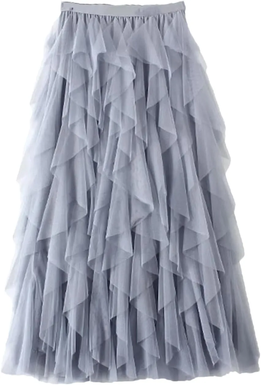 Tulle Long Maxi Skirt Women Fashion High Waist Pleated Skirt High Street Pleated A-Line Swing Midi Skirt