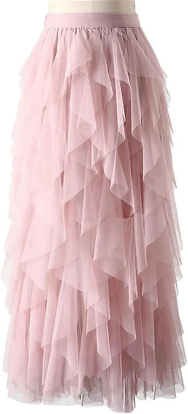 Tulle Long Maxi Skirt Women Fashion High Waist Pleated Skirt High Street Pleated A-Line Swing Midi Skirt