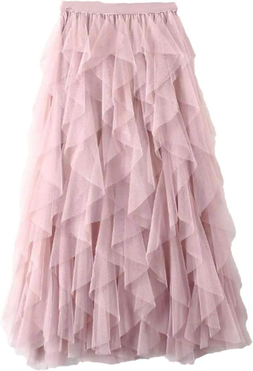 Tulle Long Maxi Skirt Women Fashion High Waist Pleated Skirt High Street Pleated A-Line Swing Midi Skirt
