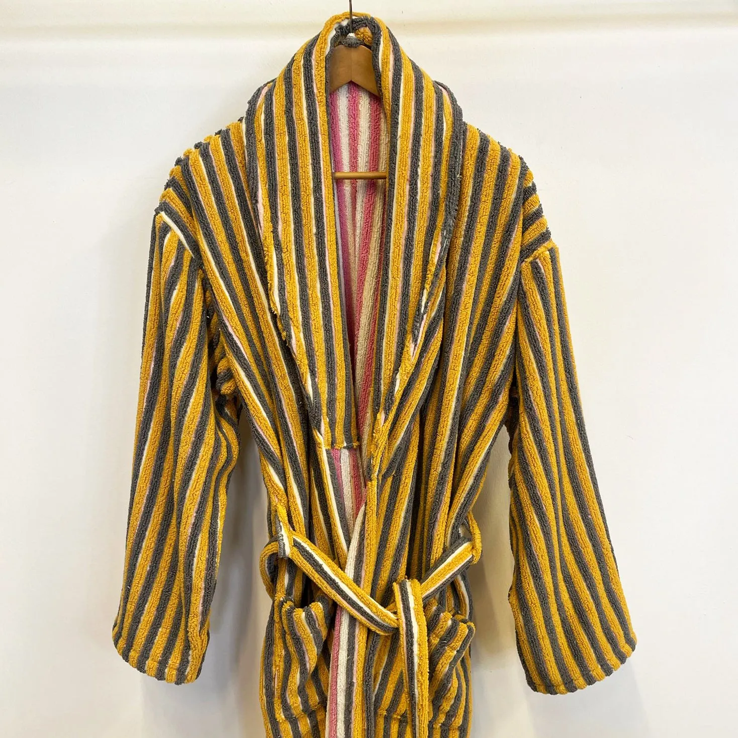 Turkish Terry Towel Bathrobe Yellow Pink Stripe Design