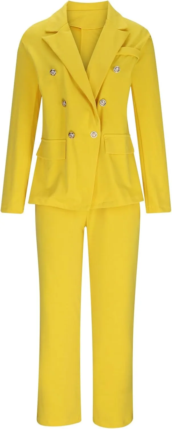 Two Piece Blazer Sets for Women Elegant Double Breasted Blazers   Pants Slim Fit Notch Lapel Solid Business Suit Sets