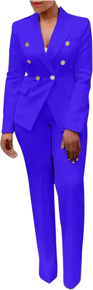 Two Piece Blazer Sets for Women Elegant Double Breasted Blazers   Pants Slim Fit Notch Lapel Solid Business Suit Sets