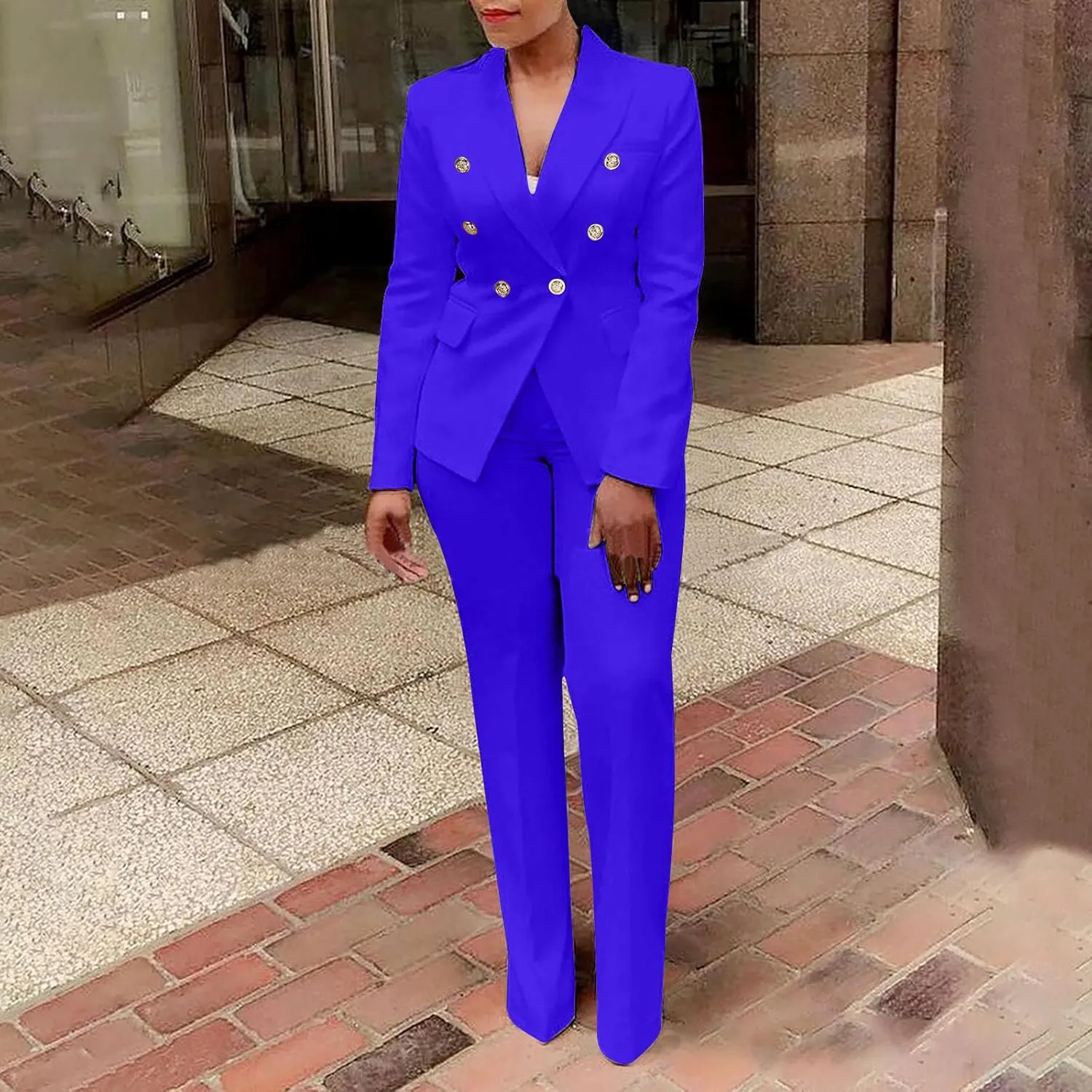 Two Piece Blazer Sets for Women Elegant Double Breasted Blazers   Pants Slim Fit Notch Lapel Solid Business Suit Sets