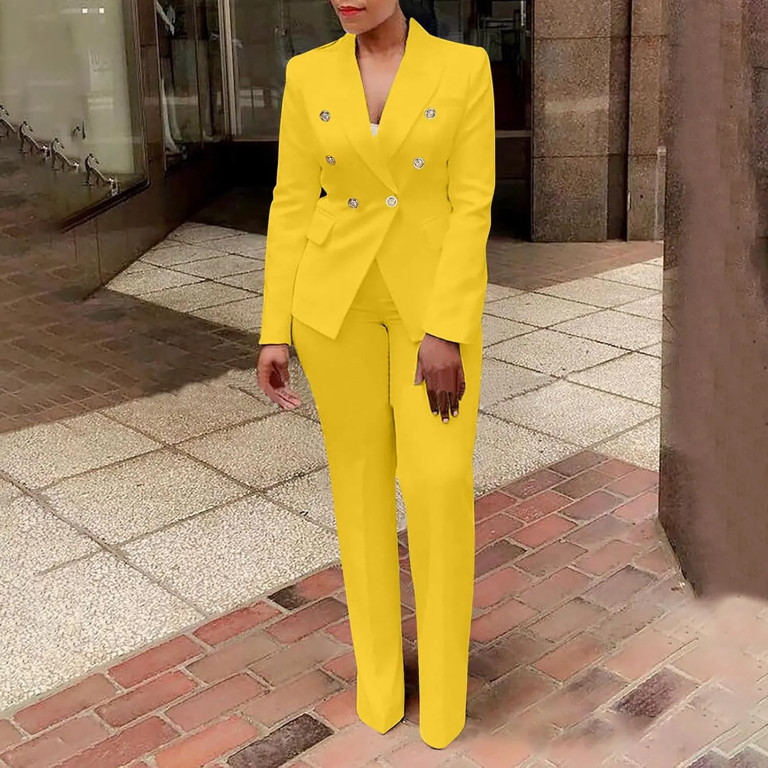 Two Piece Blazer Sets for Women Elegant Double Breasted Blazers   Pants Slim Fit Notch Lapel Solid Business Suit Sets