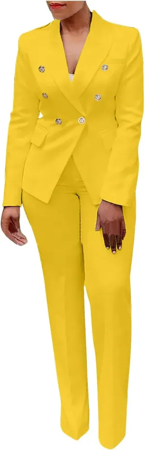 Two Piece Blazer Sets for Women Elegant Double Breasted Blazers   Pants Slim Fit Notch Lapel Solid Business Suit Sets