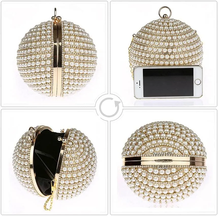 UMREN Women Round Clutch Ball Evening Bag Dazzling Full Beaded Artificial Pearls Handbag for Wedding Parites Prom