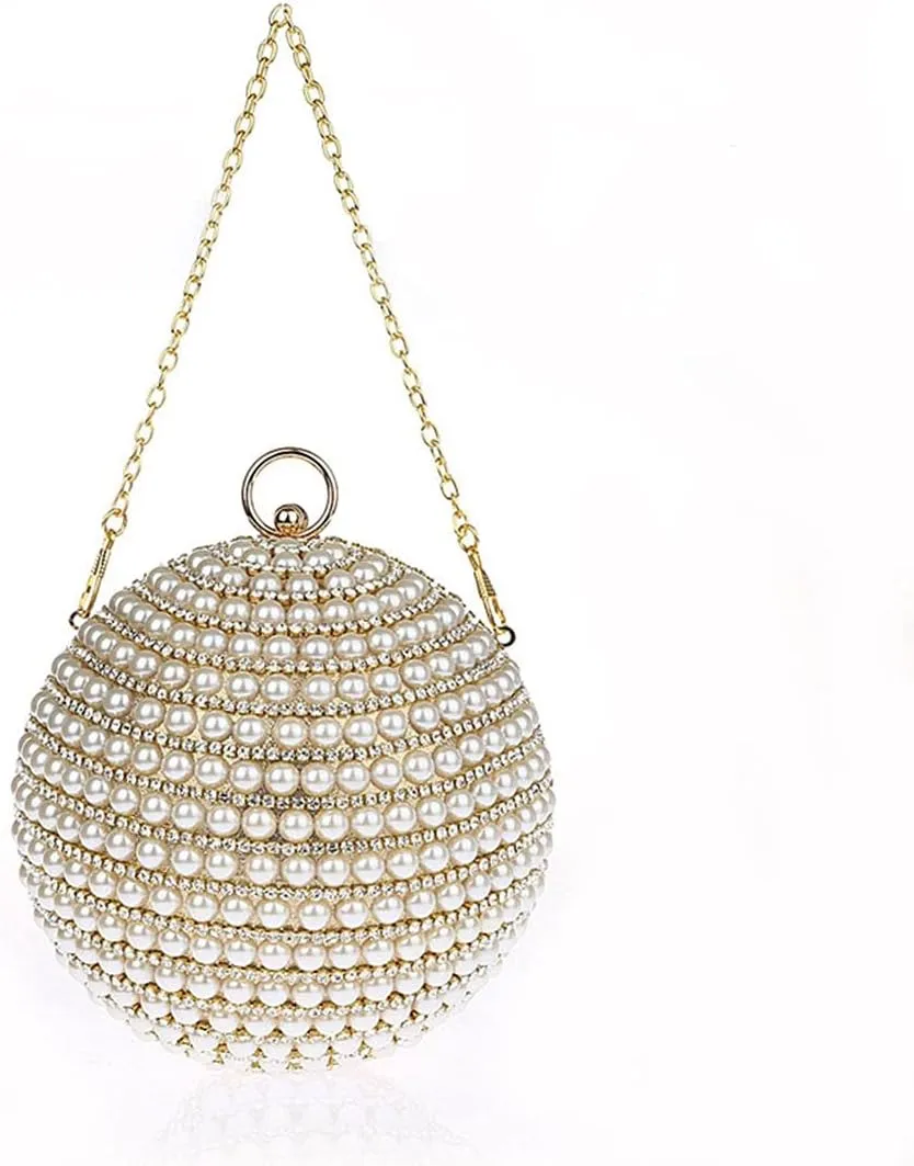 UMREN Women Round Clutch Ball Evening Bag Dazzling Full Beaded Artificial Pearls Handbag for Wedding Parites Prom