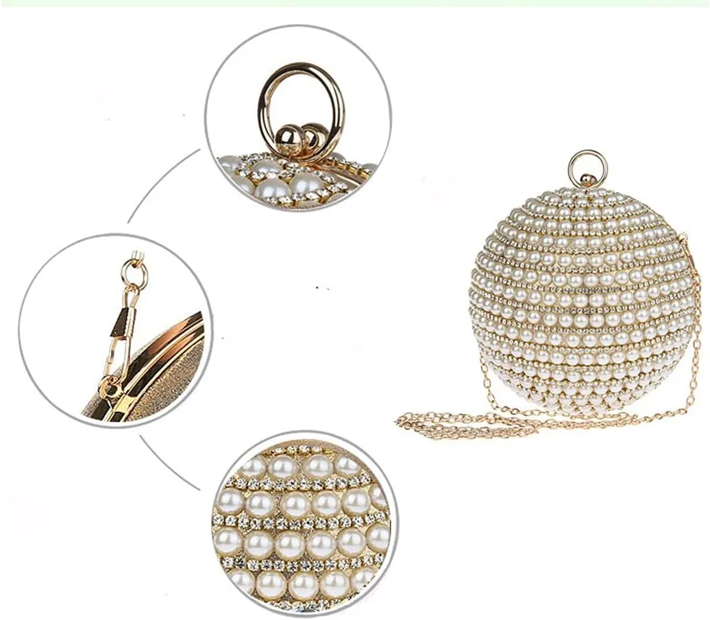 UMREN Women Round Clutch Ball Evening Bag Dazzling Full Beaded Artificial Pearls Handbag for Wedding Parites Prom