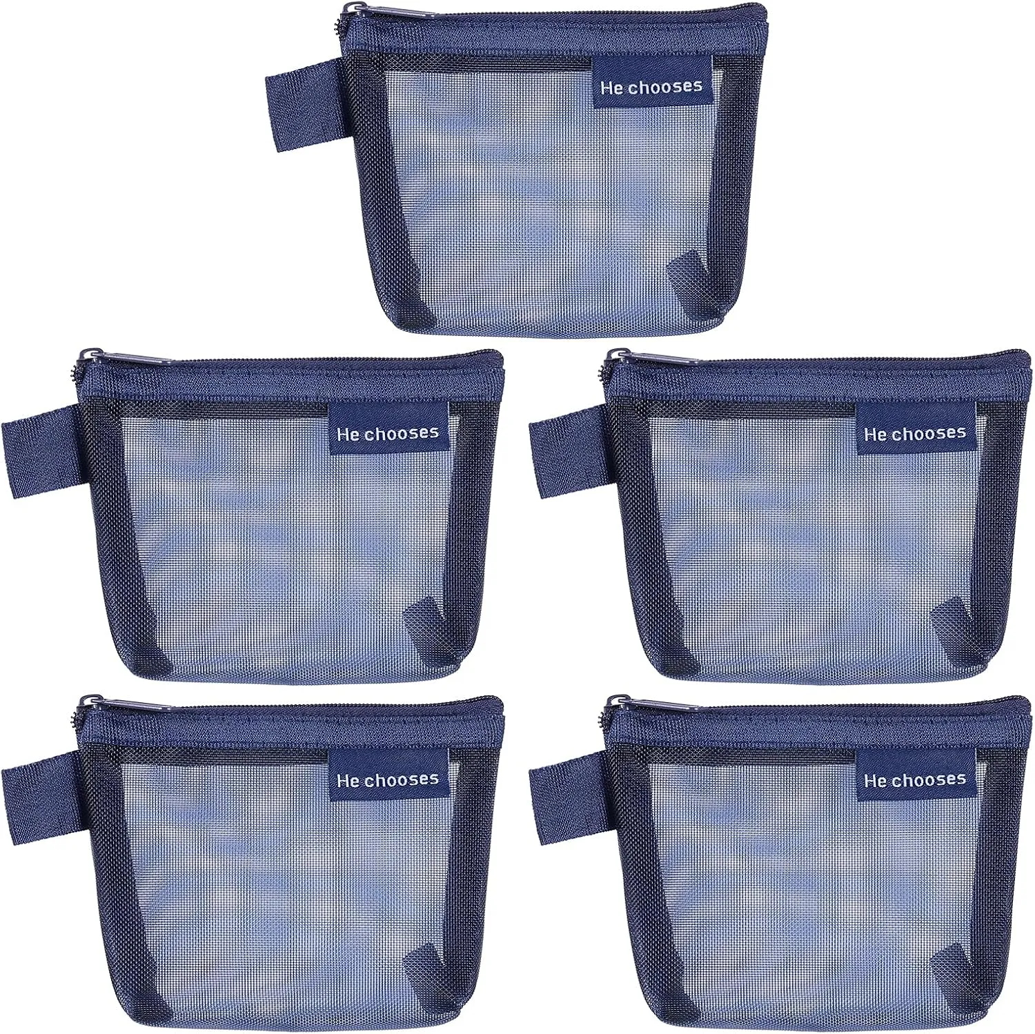 uxcell Mini Zipper Mesh Bag 3" x 5", 5 Pcs Nylon Small Makeup Zipper Mesh Pouch Cosmetic Case Mesh Storage Bags for Earphone, Credit Card, Dark Blue