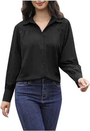 V Neck T Shirts for Women Long Sleeve Button Down Collared Blouses Plain Dressy Casual Office Business Tops