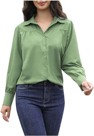 V Neck T Shirts for Women Long Sleeve Button Down Collared Blouses Plain Dressy Casual Office Business Tops