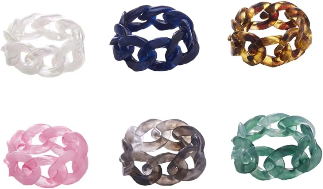 VANZACK 6pcs Resin Jewelry Ring Set Women's Fashion Ring Chain Design Trendy and Comfortable Adjustable Random