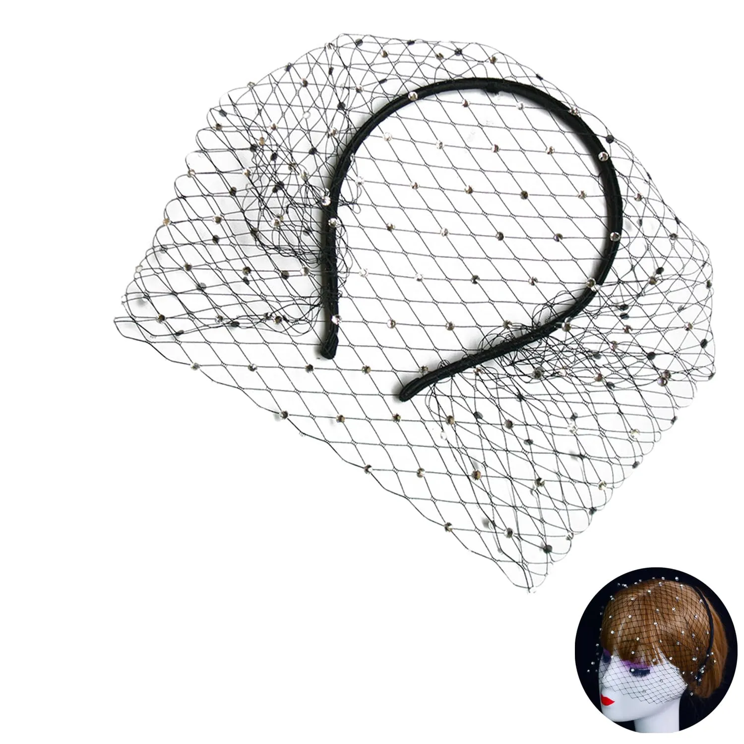 Veil Fascinator Headband with Rhinestones Hairband 1920s Flapper Mesh Headpiece for Costume Wear Tea Party Masquerade Event Bridal Wedding Church Vintage Photoshoot