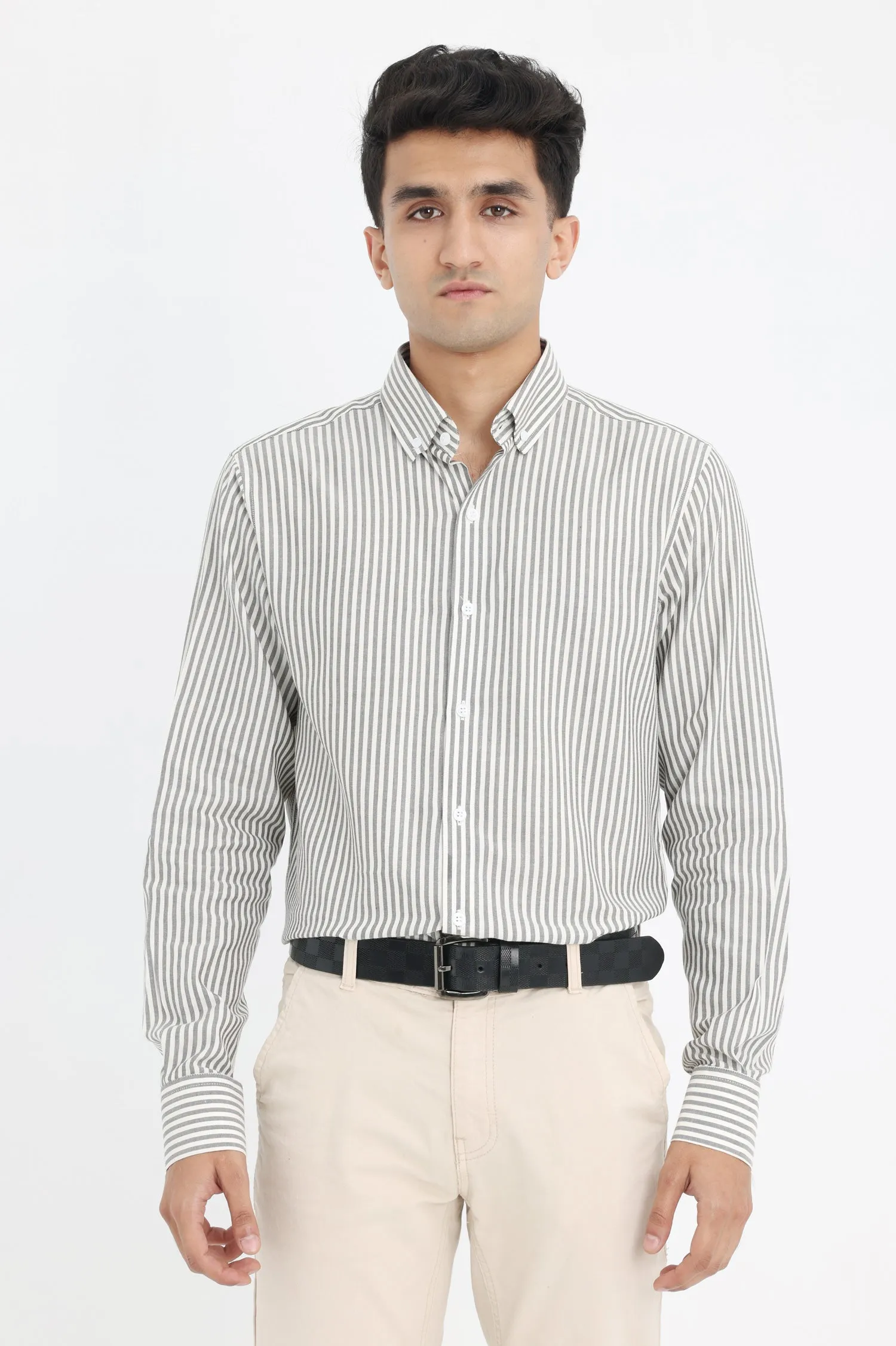 VERTICAL STRIPE BUTTON-UP-GREY-WHT