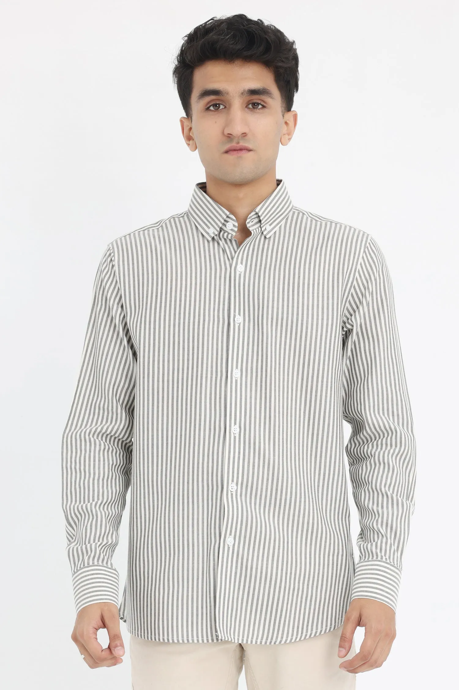 VERTICAL STRIPE BUTTON-UP-GREY-WHT