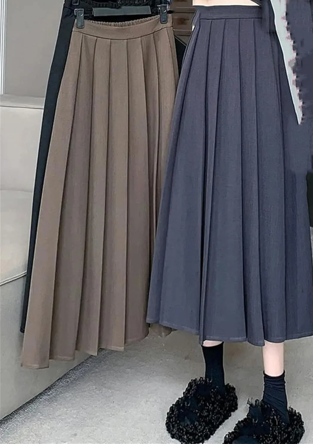 Vintage Black High Waist Pleated Skirt Women Korean Fashion Midi Long Skirt Casual Female A Line Skirts
