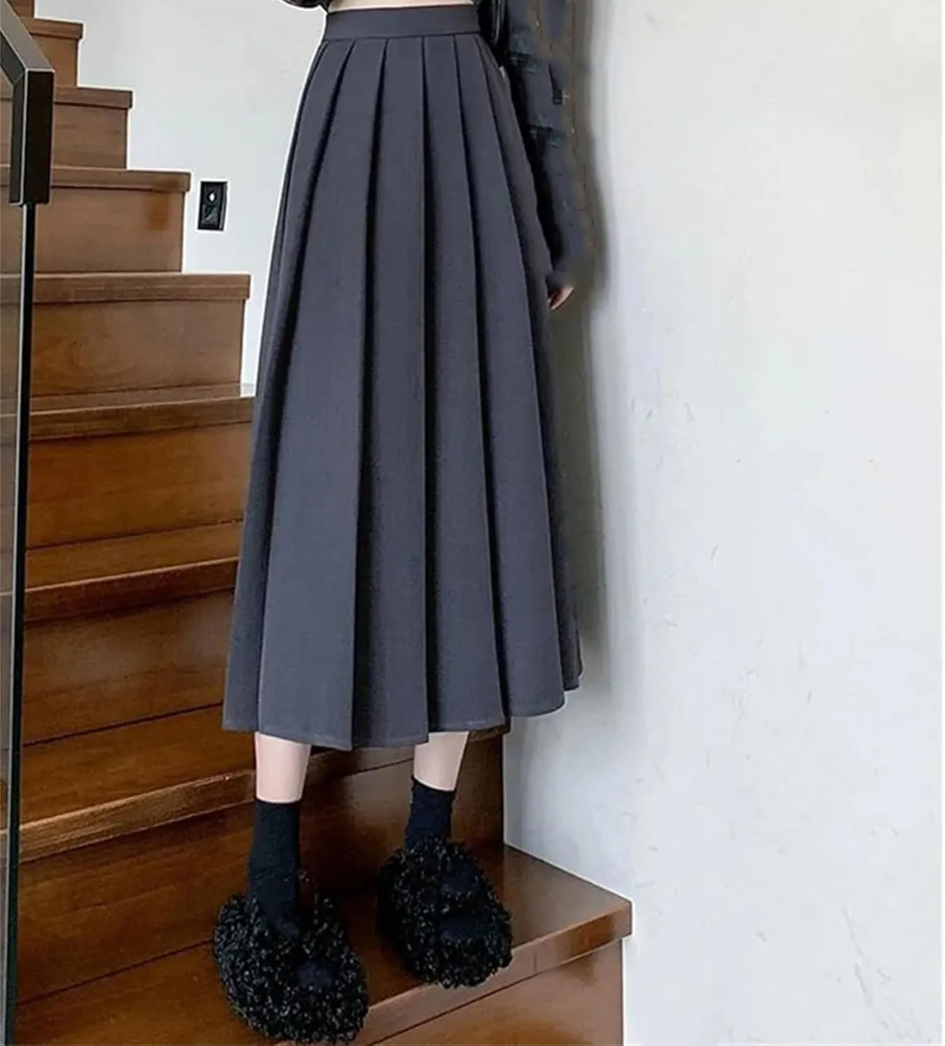Vintage Black High Waist Pleated Skirt Women Korean Fashion Midi Long Skirt Casual Female A Line Skirts