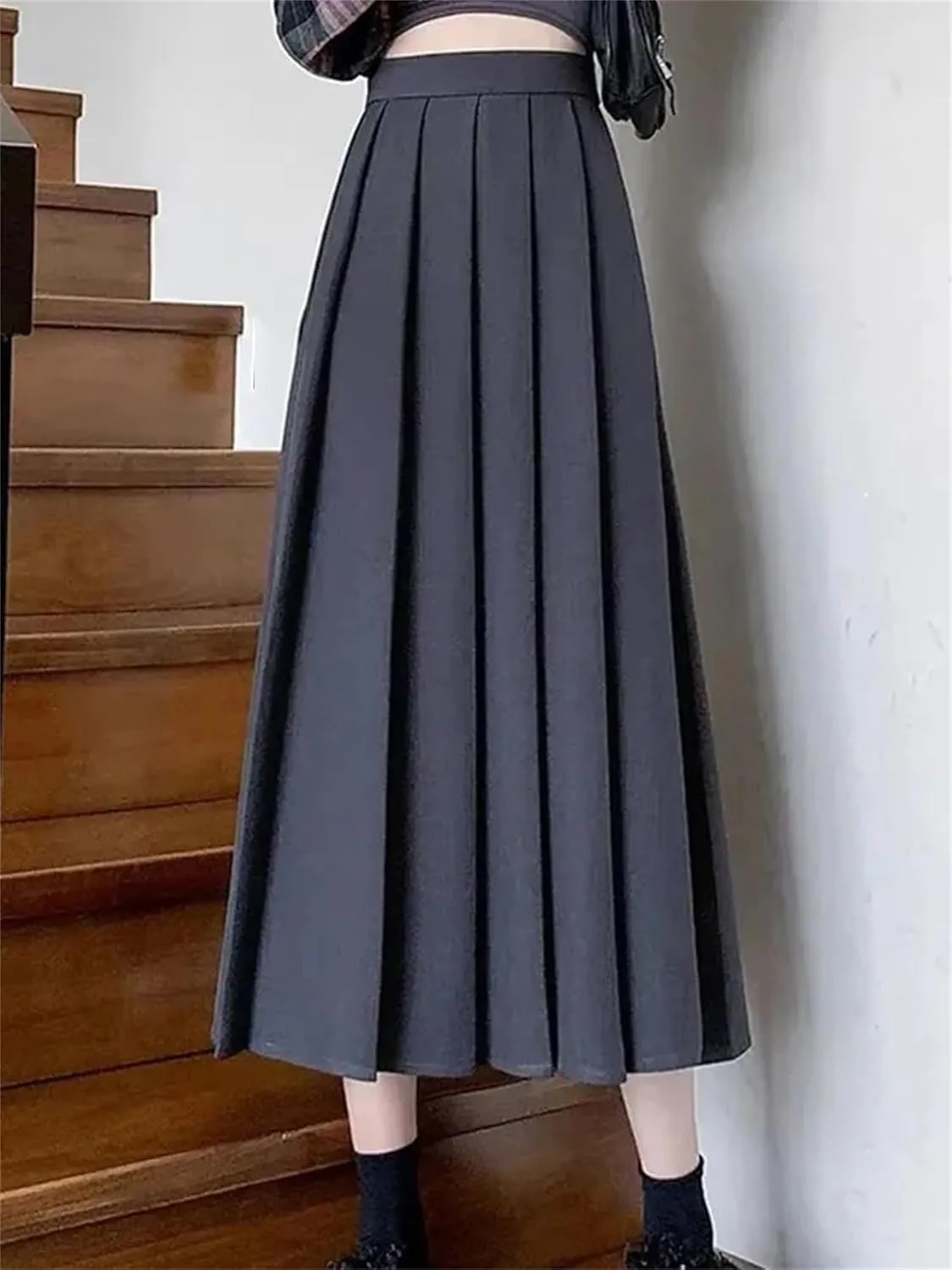 Vintage Black High Waist Pleated Skirt Women Korean Fashion Midi Long Skirt Casual Female A Line Skirts